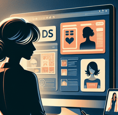 Silhouette of a female graphic designer working on a professional digital brand identity and UI design layout.