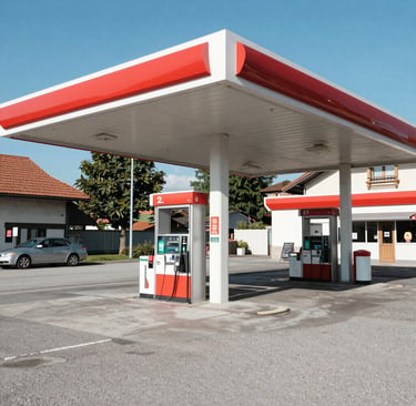 A driver attentively watching a digital ad while refueling at a quiet station surrounded by regional shops.