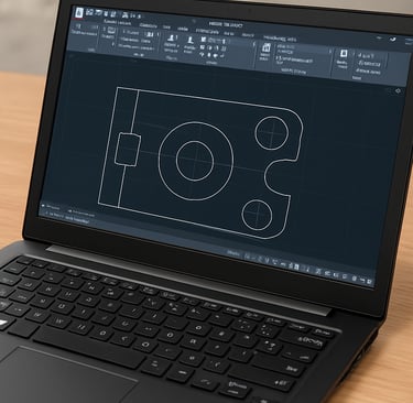 A black laptop displaying 2D CAD software with technical engineering drawings and blueprints on a wooden desk.