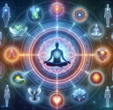 Healing: meditating figure, surrounded by symbols of transformation—reflecting Holy Fusion’s path