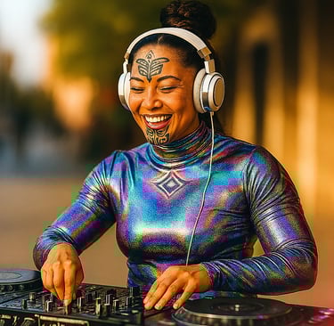 Smiling woman DJing in holographic top—radiating joy as healing frequencies support her Holy Fusion journey
