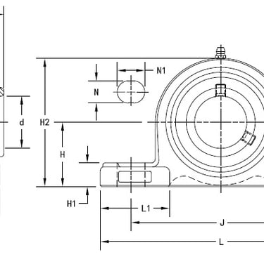 Pillow block bearing dimensional reference drawing showing bore diameter, center height, bolt spacin