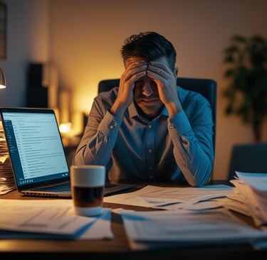 Overwhelmed business owner at desk with laptop surrounded by paperwork discovering AI automation sol