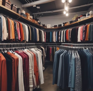A storefront display featuring three mannequins dressed in stylish clothing. The left mannequin wears a patterned trench coat with various designs, the middle one is dressed in a checkered suit, and the right one is in a black outfit with a red scarf and matching red bag. Flanking the mannequins, shelves display a variety of handbags in different colors and styles, along with some boxed items. The background features the brand's name in a bold, illuminated sign above the display.