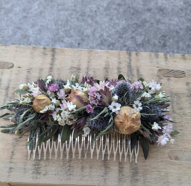 Adornos para el pelo con flores secas y preservadas. Tocados. Coronas. Diademas con flores