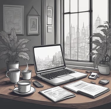 A serene workspace with a laptop and a cup of coffee on a dark table.