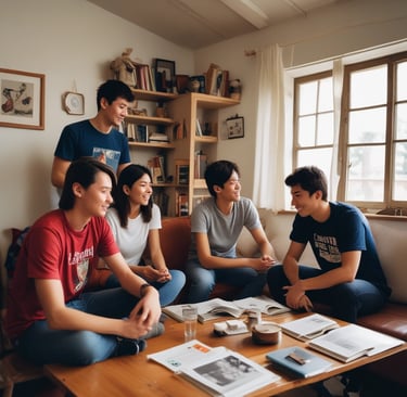 A group of diverse young adults enjoying a communal area.