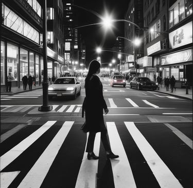 a person crossing a signalized intersection at night