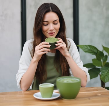 A stylish woman doing yoga outdoors with a matcha smoothie beside her.