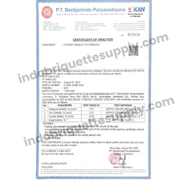 Indonesia coconut charcoal briquette specification lab ash content analysis certificate