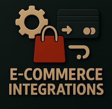 3D icons of a shopping bag, gear, credit card, and integration arrow above the words "E-Commerce Int
