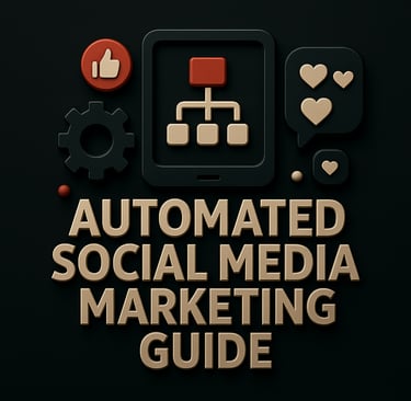 Tablet with flowchart, gear, like icon, and heart speech bubble above the text ‘Automated Social Med