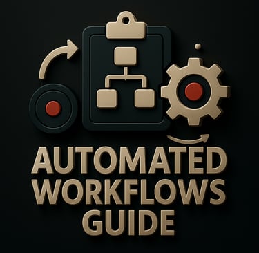Clipboard with flowchart and gear icon with circular arrows above the text ‘Automated Workflows Guid