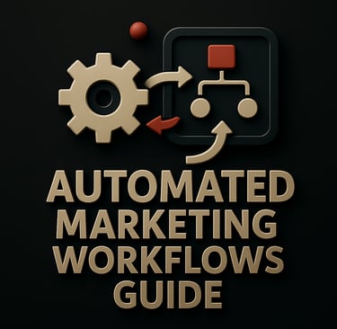 Gear and flowchart in square with directional arrows above the text ‘Automated Marketing Workflows G