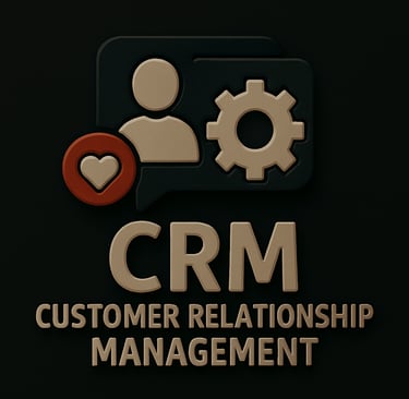 CRM icon with user, gear, and heart symbolizing customer relationship management tools and engagemen