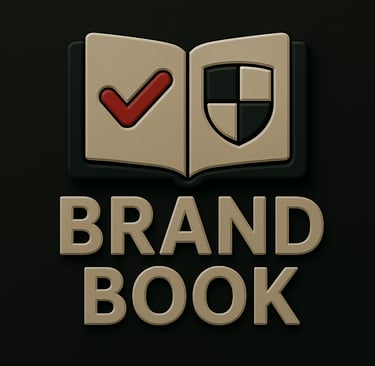 Open book with checkmark and shield symbolizing comprehensive brand book documentation and identity 