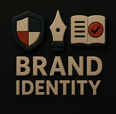 Shield, fountain pen, and open guidebook icon symbolizing full brand identity development services
