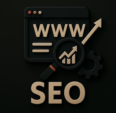 Browser window, magnifying glass, and upward trend icon representing search engine optimization serv