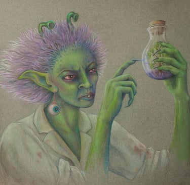 Evil faerie scientist with eyeball earing
