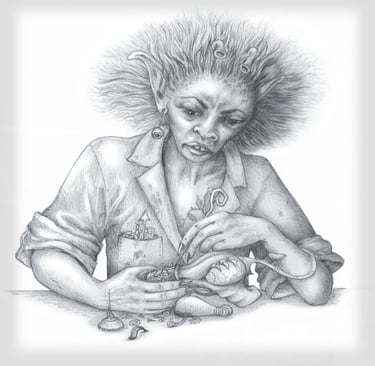 Evil scientist faerie working with leeches