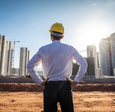 man looking at building site