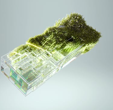 A transparent, futuristic data server overgrown with lush green moss and flowers, representing the i