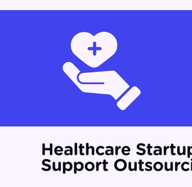 Hand holding a heart with a cross on blue background. Text: "Healthcare Startup Support Outsourcing.