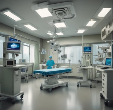 A stethoscope rests on a white surface alongside a sphygmomanometer. Behind them, a thick book with a blue cover and a brown fabric bag are visible. The focus is on the medical instruments, suggesting a clinical or healthcare context.