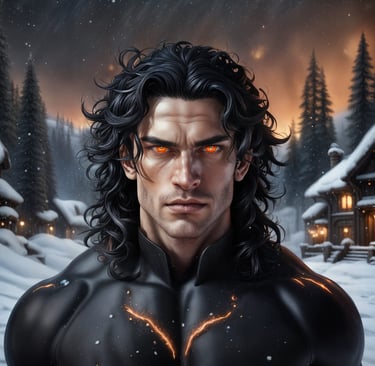 Sloan Whelan, veteran, vampire,  man with black waves and glowing orange eyes.
