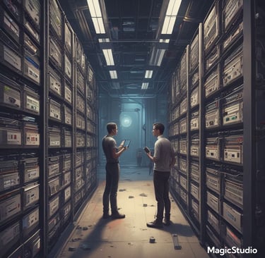two men standing in a large room with a large amount of electronics
