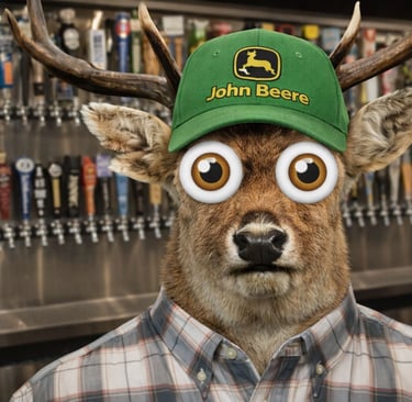 A deer wearing a John Deere hat and googly eyes in a bar with beer taps.