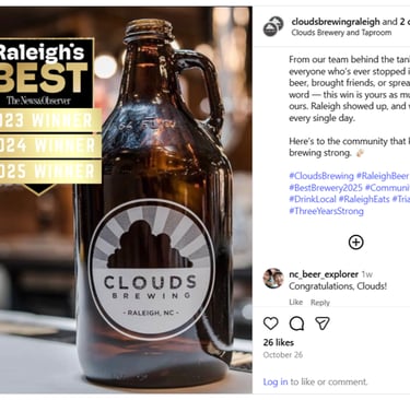 a clouds 9 beer bottle with Raleigh's Best Brewery award