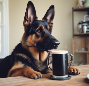 a dog is sitting on a table with a cup of coffee