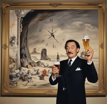 Image of Salvidor Dali in front of a surreal painting holding beers