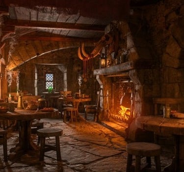 a rustic pub with a fireplace 