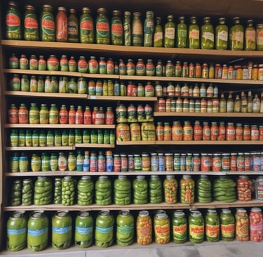 A person wearing dark clothing and a mask examines a green item in a small, cozy store. The store features a wooden table covered with various products, including packaged food items in colorful boxes, jars, and baskets. Shelves filled with more products line the wall behind the table, displaying jars, boxes, and bottles. Two hanging lights illuminate the area, giving it a warm and inviting feel.
