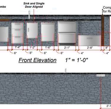 L-shaped outdoor kitchen under a covered patio in a Texas backyard with grill, sink, prep space, and dining area