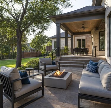 Backyard brick home with a curved paver patio featuring two cushioned lounge chairs, a low seat wall, and a square gas fire pit in a fenced Texas-style suburban yard