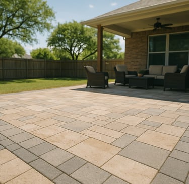 Light-colored paver patio in a North Texas backyard with dining space and partial shade for Texas summer heat