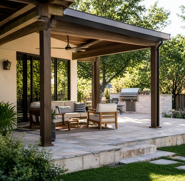 Custom covered patio and seating area behind a brick home in Forney, Texas with a practical outdoor living layout