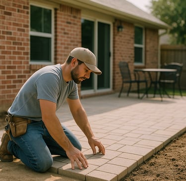 Contractor reviewing a backyard patio plan with homeowners at a brick house in Forney Texas before patio construction