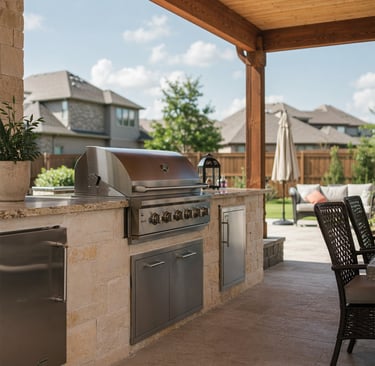 Built-in outdoor kitchen on a covered brick patio with a stainless steel grill, stone base, light countertops, and a sink beside a backyard lawn