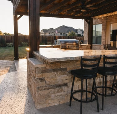 Covered patio and open patio extension behind a brick home in Forney, Texas with a shaded sitting area and practical outdoor living layout