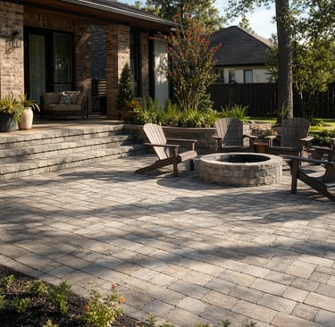 Backyard paver patio with gray stone border and outdoor seating beside a brick home in a fenced suburban yard
