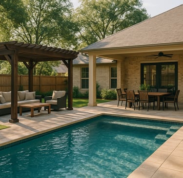 Texas backyard with a pergola lounge area and covered patio dining space behind a brick home