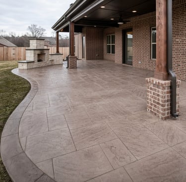 Stamped concrete patio in a fenced brick-home backyard with a light tan stone-pattern finish and a built-in outdoor grill area