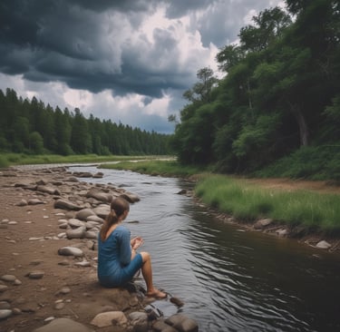 a woman sitting on a river bank with a cloudy sky