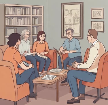 Several children are sitting outdoors on a blue mat, engaging in writing activities. They have papers and pencils in their hands, appearing focused and attentive. The background features lush green trees, a rustic wooden house with a tin roof, and some people in the distance, suggesting a rural setting.