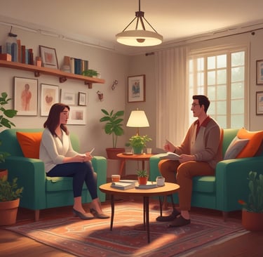 A professional consultation setting with a medical professional sitting at a desk facing a client. The room has a modern aesthetic with white walls decorated with framed certificates. The desk is organized with office supplies, a laptop, and a fruit bowl in the center.