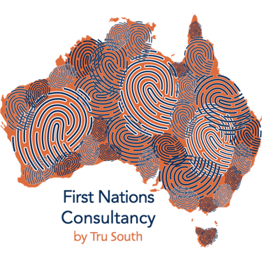 A logo for First Nations Consultancy by Tru South featuring a map of Australia
